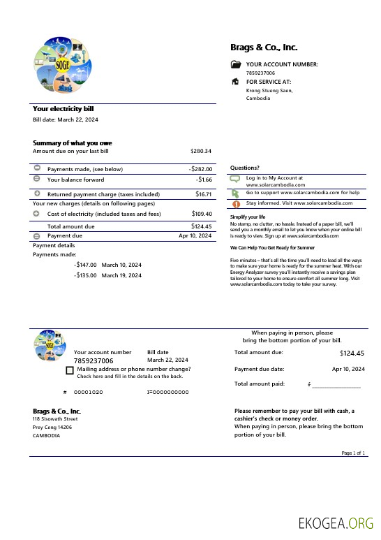 Modèle de facture de services publics d'entreprise de Cambodge Solar Green Energy Cambodge Co (2).doc